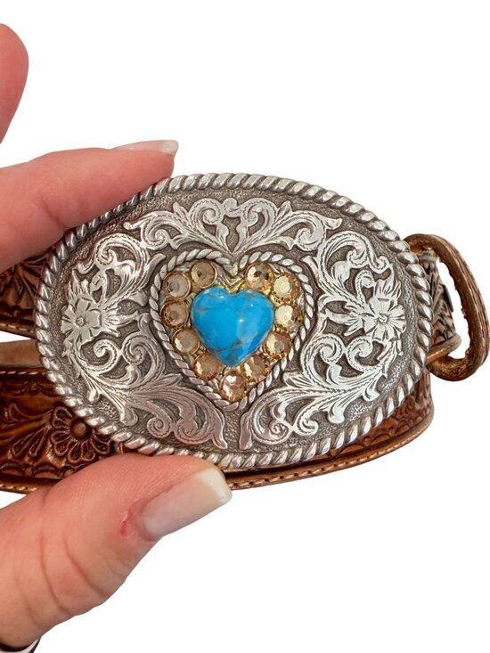Justin Boots Native Heart belt aged bark brown leather turquoise heart - size 34 main image 5